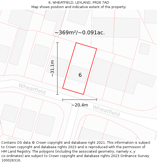6, WHEATFIELD, LEYLAND, PR26 7AD: Plot and title map