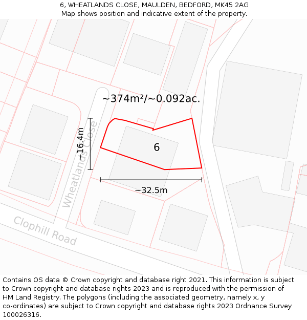 6, WHEATLANDS CLOSE, MAULDEN, BEDFORD, MK45 2AG: Plot and title map