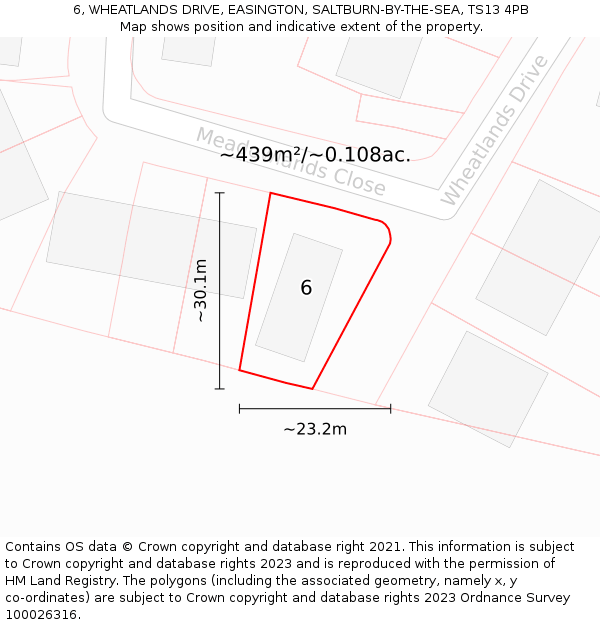 6, WHEATLANDS DRIVE, EASINGTON, SALTBURN-BY-THE-SEA, TS13 4PB: Plot and title map