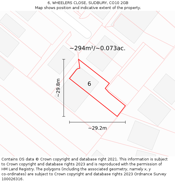 6, WHEELERS CLOSE, SUDBURY, CO10 2GB: Plot and title map