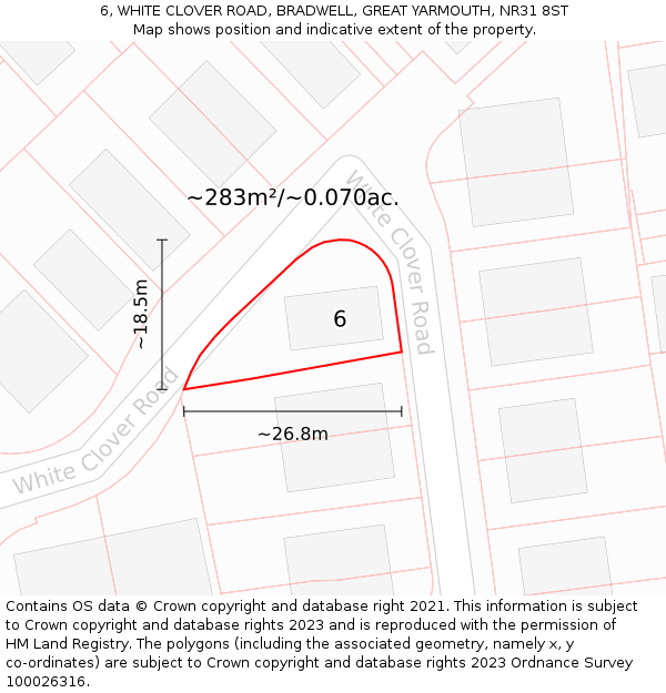 6, WHITE CLOVER ROAD, BRADWELL, GREAT YARMOUTH, NR31 8ST: Plot and title map