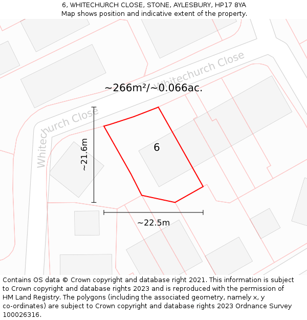 6, WHITECHURCH CLOSE, STONE, AYLESBURY, HP17 8YA: Plot and title map