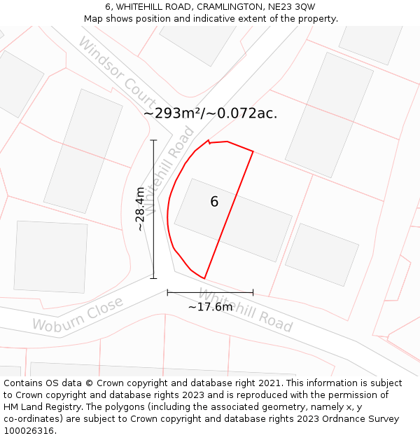 6, WHITEHILL ROAD, CRAMLINGTON, NE23 3QW: Plot and title map
