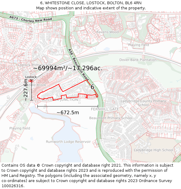 6, WHITESTONE CLOSE, LOSTOCK, BOLTON, BL6 4RN: Plot and title map