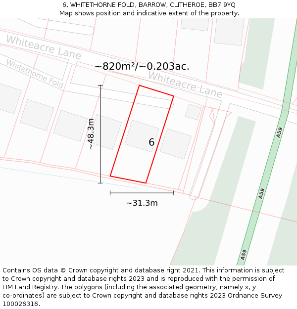6, WHITETHORNE FOLD, BARROW, CLITHEROE, BB7 9YQ: Plot and title map