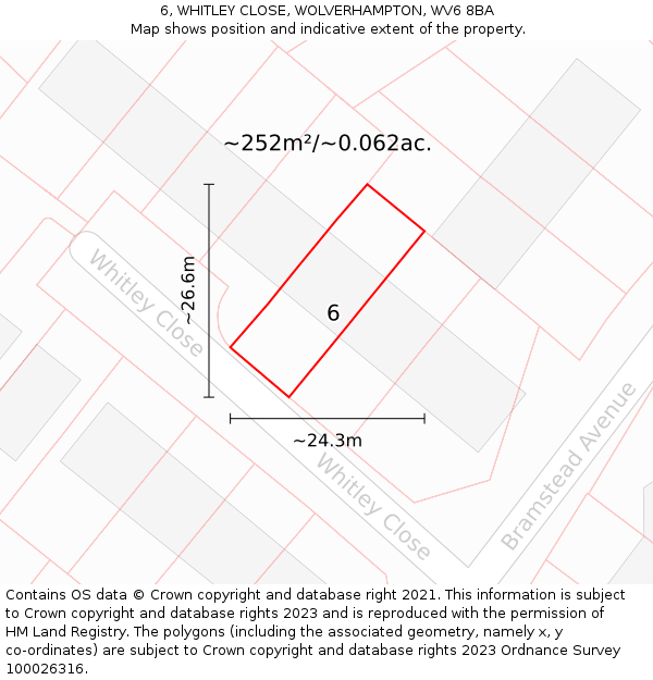 6, WHITLEY CLOSE, WOLVERHAMPTON, WV6 8BA: Plot and title map