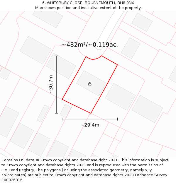 6, WHITSBURY CLOSE, BOURNEMOUTH, BH8 0NX: Plot and title map