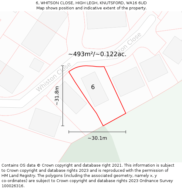 6, WHITSON CLOSE, HIGH LEGH, KNUTSFORD, WA16 6UD: Plot and title map