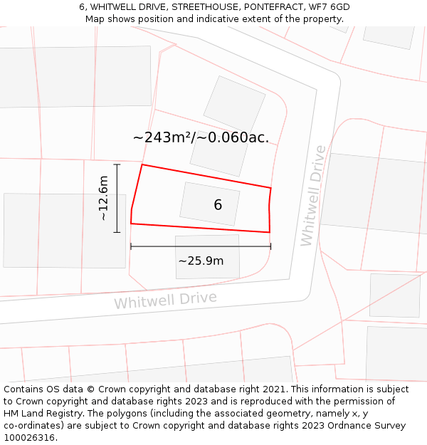 6, WHITWELL DRIVE, STREETHOUSE, PONTEFRACT, WF7 6GD: Plot and title map