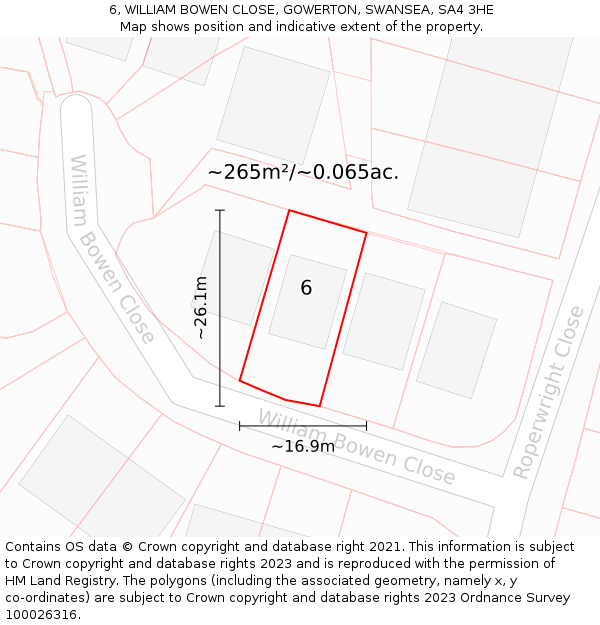 6, WILLIAM BOWEN CLOSE, GOWERTON, SWANSEA, SA4 3HE: Plot and title map