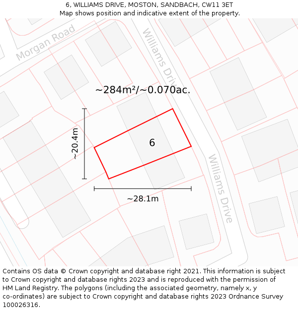 6, WILLIAMS DRIVE, MOSTON, SANDBACH, CW11 3ET: Plot and title map
