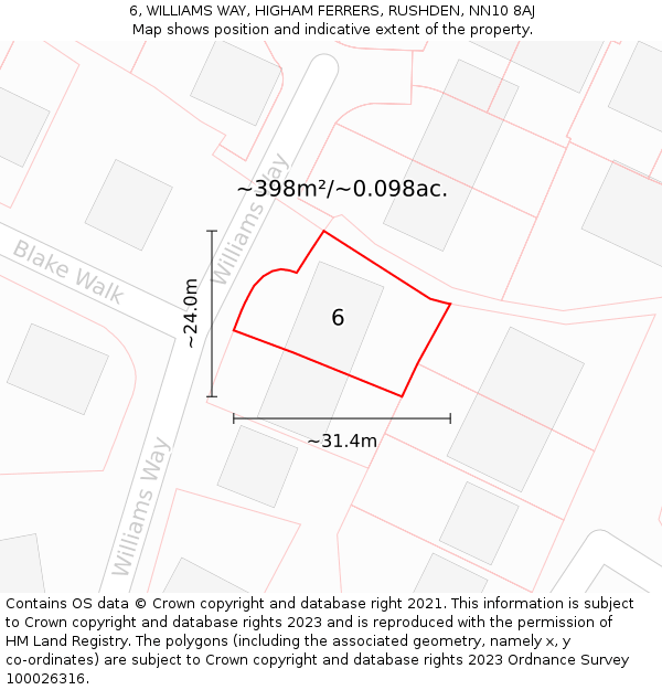6, WILLIAMS WAY, HIGHAM FERRERS, RUSHDEN, NN10 8AJ: Plot and title map