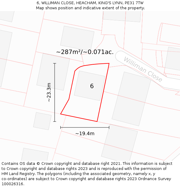 6, WILLIMAN CLOSE, HEACHAM, KING'S LYNN, PE31 7TW: Plot and title map
