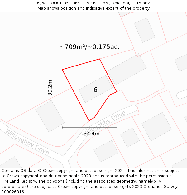 6, WILLOUGHBY DRIVE, EMPINGHAM, OAKHAM, LE15 8PZ: Plot and title map