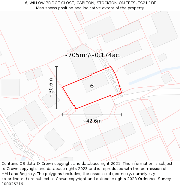 6, WILLOW BRIDGE CLOSE, CARLTON, STOCKTON-ON-TEES, TS21 1BF: Plot and title map