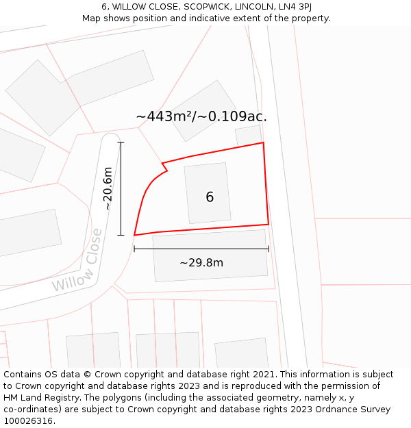 6, WILLOW CLOSE, SCOPWICK, LINCOLN, LN4 3PJ: Plot and title map