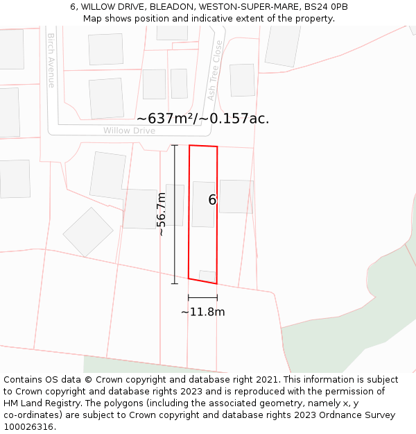 6, WILLOW DRIVE, BLEADON, WESTON-SUPER-MARE, BS24 0PB: Plot and title map