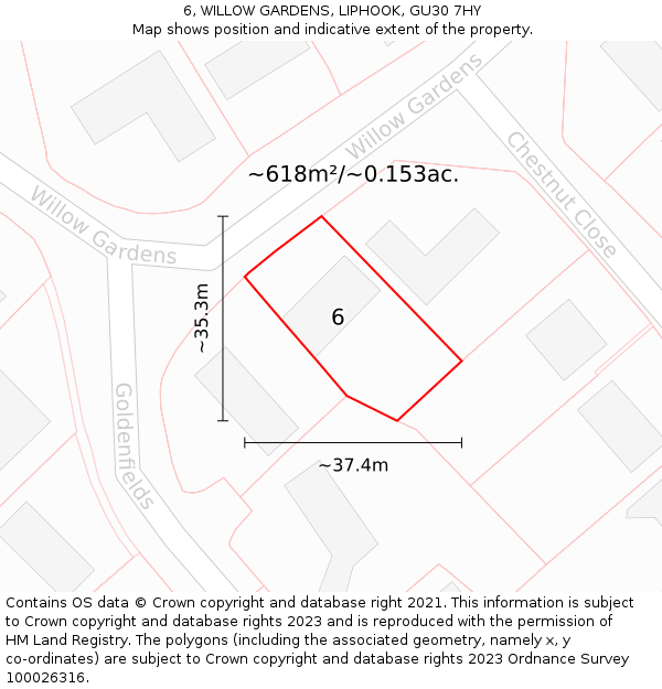 6, WILLOW GARDENS, LIPHOOK, GU30 7HY: Plot and title map