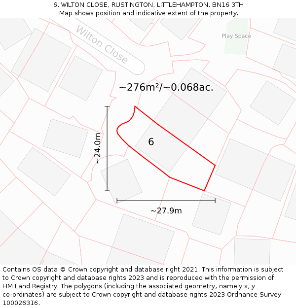 6, WILTON CLOSE, RUSTINGTON, LITTLEHAMPTON, BN16 3TH: Plot and title map
