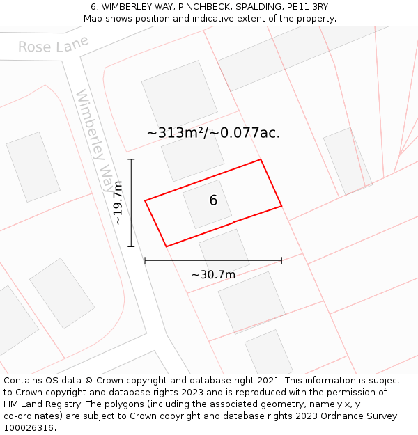 6, WIMBERLEY WAY, PINCHBECK, SPALDING, PE11 3RY: Plot and title map