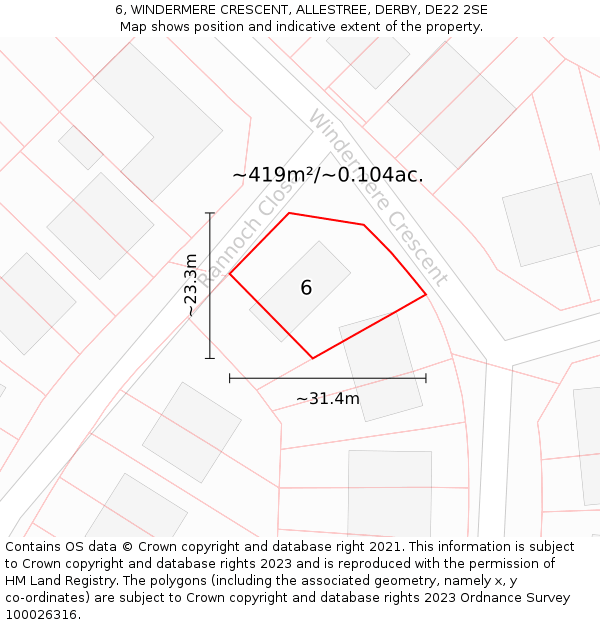 6, WINDERMERE CRESCENT, ALLESTREE, DERBY, DE22 2SE: Plot and title map