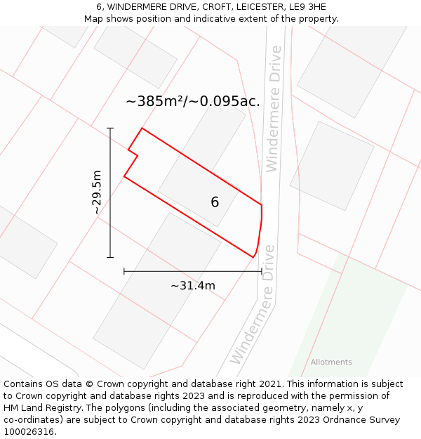 6, WINDERMERE DRIVE, CROFT, LEICESTER, LE9 3HE: Plot and title map