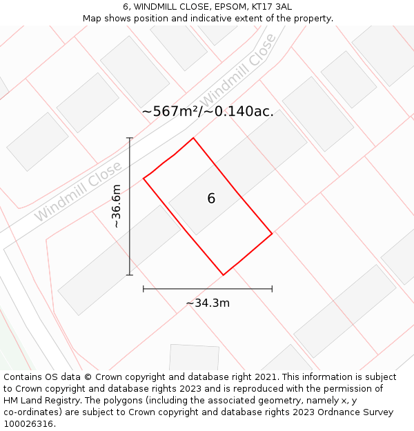 6, WINDMILL CLOSE, EPSOM, KT17 3AL: Plot and title map
