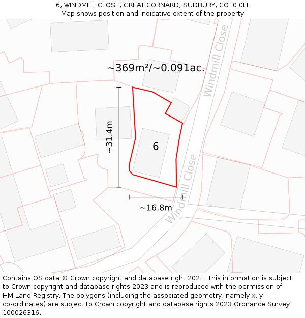 6, WINDMILL CLOSE, GREAT CORNARD, SUDBURY, CO10 0FL: Plot and title map