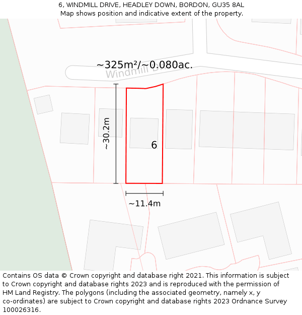 6, WINDMILL DRIVE, HEADLEY DOWN, BORDON, GU35 8AL: Plot and title map
