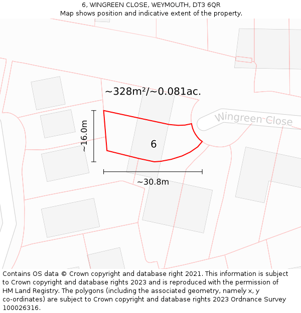 6, WINGREEN CLOSE, WEYMOUTH, DT3 6QR: Plot and title map
