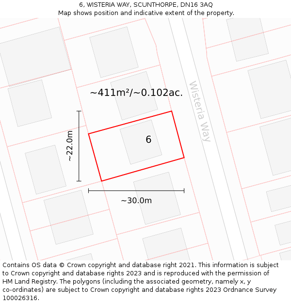 6, WISTERIA WAY, SCUNTHORPE, DN16 3AQ: Plot and title map