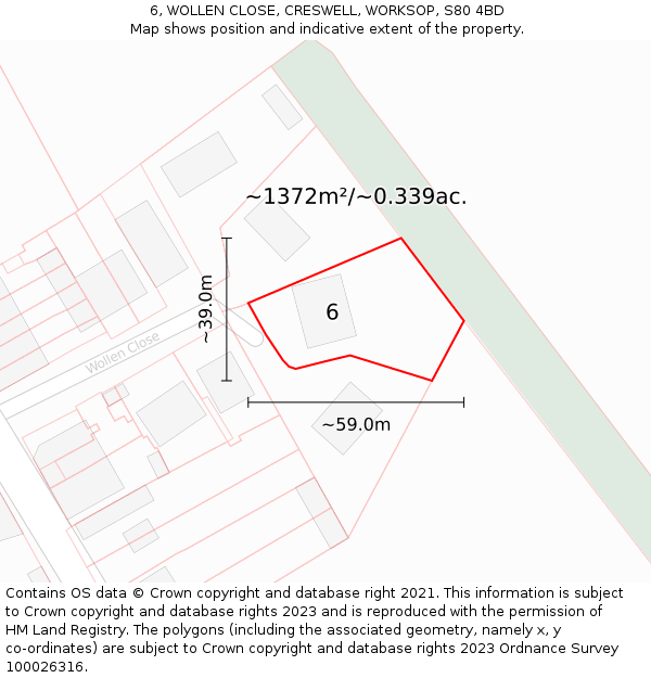 6, WOLLEN CLOSE, CRESWELL, WORKSOP, S80 4BD: Plot and title map