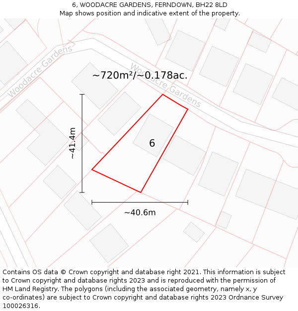 6, WOODACRE GARDENS, FERNDOWN, BH22 8LD: Plot and title map