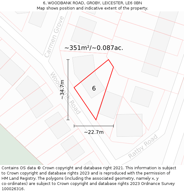 6, WOODBANK ROAD, GROBY, LEICESTER, LE6 0BN: Plot and title map