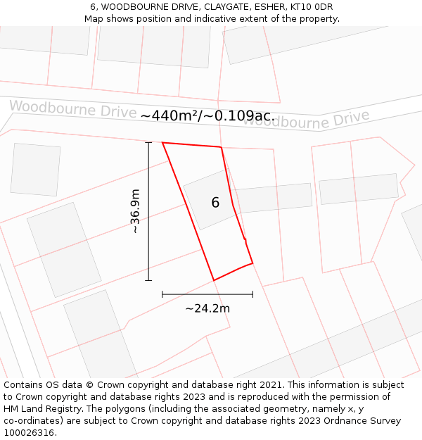 6, WOODBOURNE DRIVE, CLAYGATE, ESHER, KT10 0DR: Plot and title map