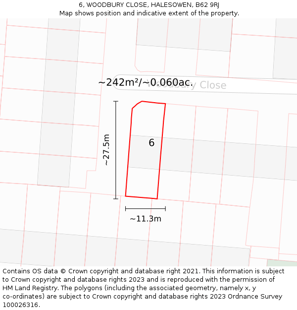 6, WOODBURY CLOSE, HALESOWEN, B62 9RJ: Plot and title map