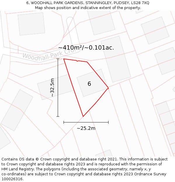 6, WOODHALL PARK GARDENS, STANNINGLEY, PUDSEY, LS28 7XQ: Plot and title map