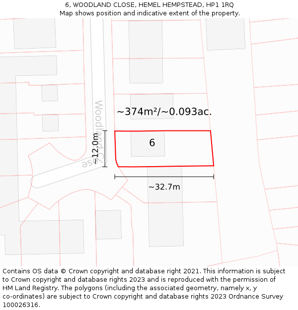 6, WOODLAND CLOSE, HEMEL HEMPSTEAD, HP1 1RQ: Plot and title map