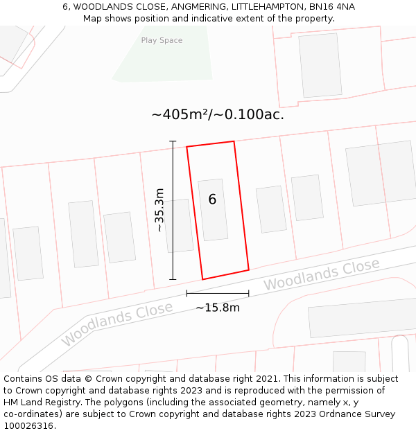 6, WOODLANDS CLOSE, ANGMERING, LITTLEHAMPTON, BN16 4NA: Plot and title map