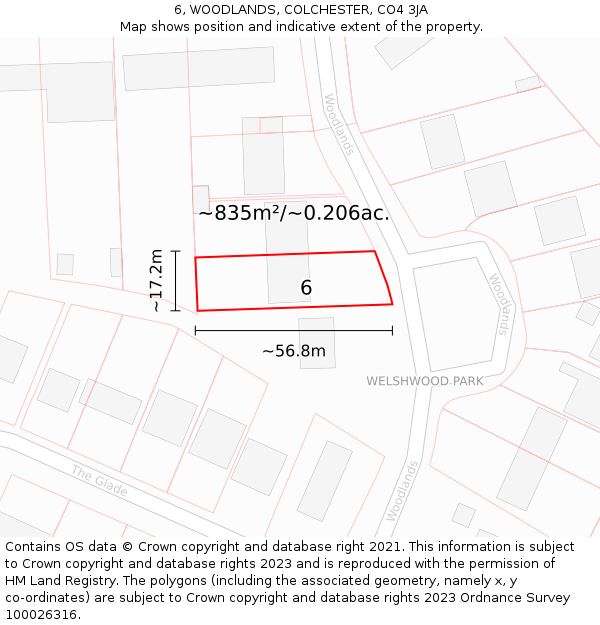 6, WOODLANDS, COLCHESTER, CO4 3JA: Plot and title map