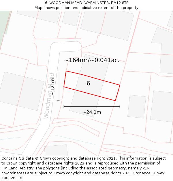 6, WOODMAN MEAD, WARMINSTER, BA12 8TE: Plot and title map
