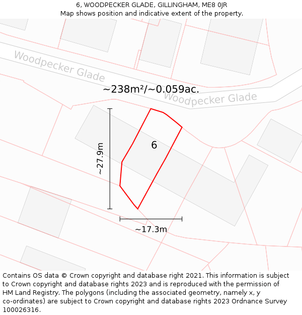 6, WOODPECKER GLADE, GILLINGHAM, ME8 0JR: Plot and title map