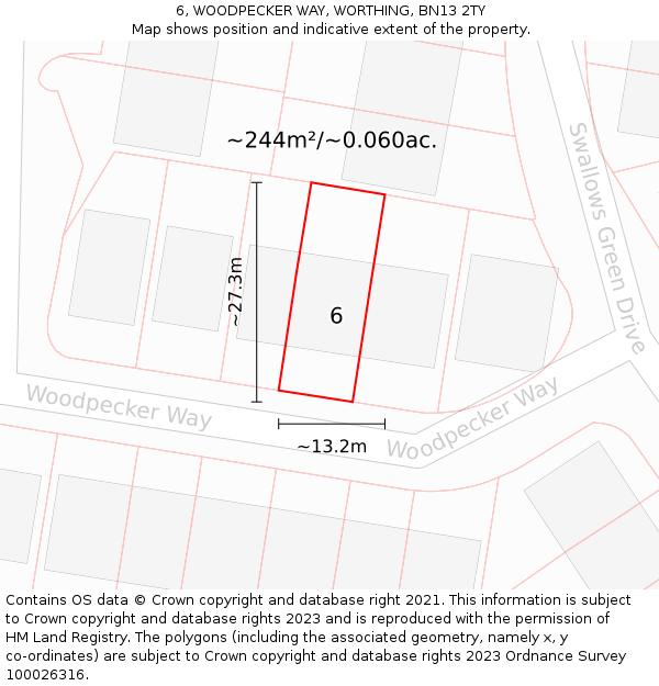 6, WOODPECKER WAY, WORTHING, BN13 2TY: Plot and title map