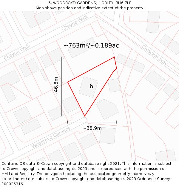 6, WOODROYD GARDENS, HORLEY, RH6 7LP: Plot and title map