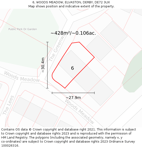 6, WOODS MEADOW, ELVASTON, DERBY, DE72 3UX: Plot and title map