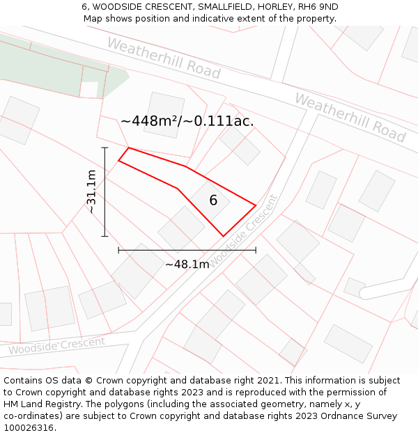 6, WOODSIDE CRESCENT, SMALLFIELD, HORLEY, RH6 9ND: Plot and title map