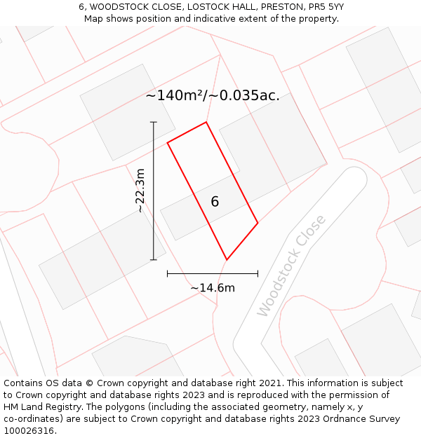 6, WOODSTOCK CLOSE, LOSTOCK HALL, PRESTON, PR5 5YY: Plot and title map