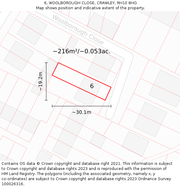 6, WOOLBOROUGH CLOSE, CRAWLEY, RH10 8HG: Plot and title map