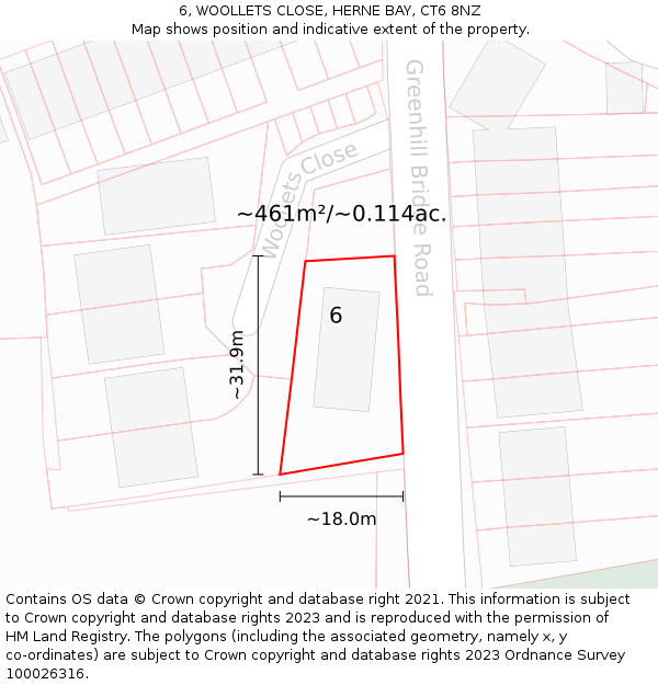 6, WOOLLETS CLOSE, HERNE BAY, CT6 8NZ: Plot and title map