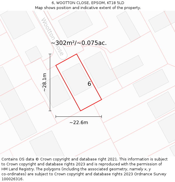 6, WOOTTON CLOSE, EPSOM, KT18 5LD: Plot and title map